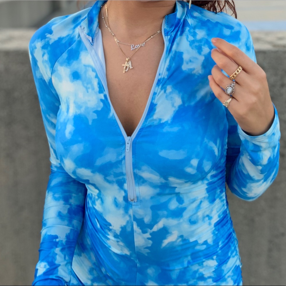 Sky Blue Long Sleeve Marble Romper